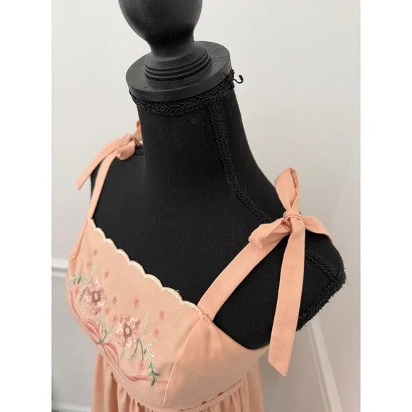 Vintage Vicky Vaughn Peach Floral Embroidered Smocked Midi Sundress 70s XS/ S - Picture 3 of 9